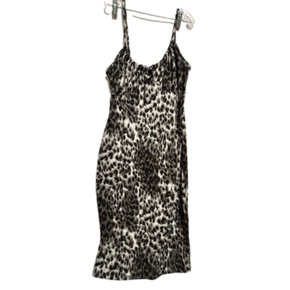 Womens Leopard Print Ruched Bust‎ Milkmaid Midi Slip Dress Sz L y2k Grunge Edgy
